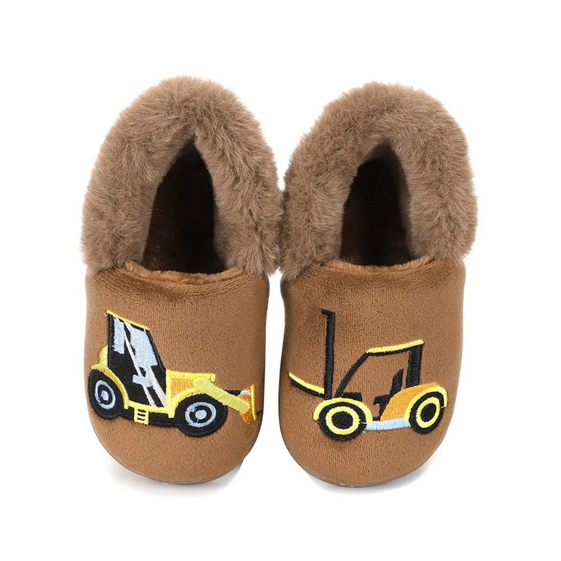 ESTAMICO Boys Girls Warm Slippers Cartoon Truck Kids Winter Indoor Household Shoes, Khaki 9-10 Toddler - Image 2